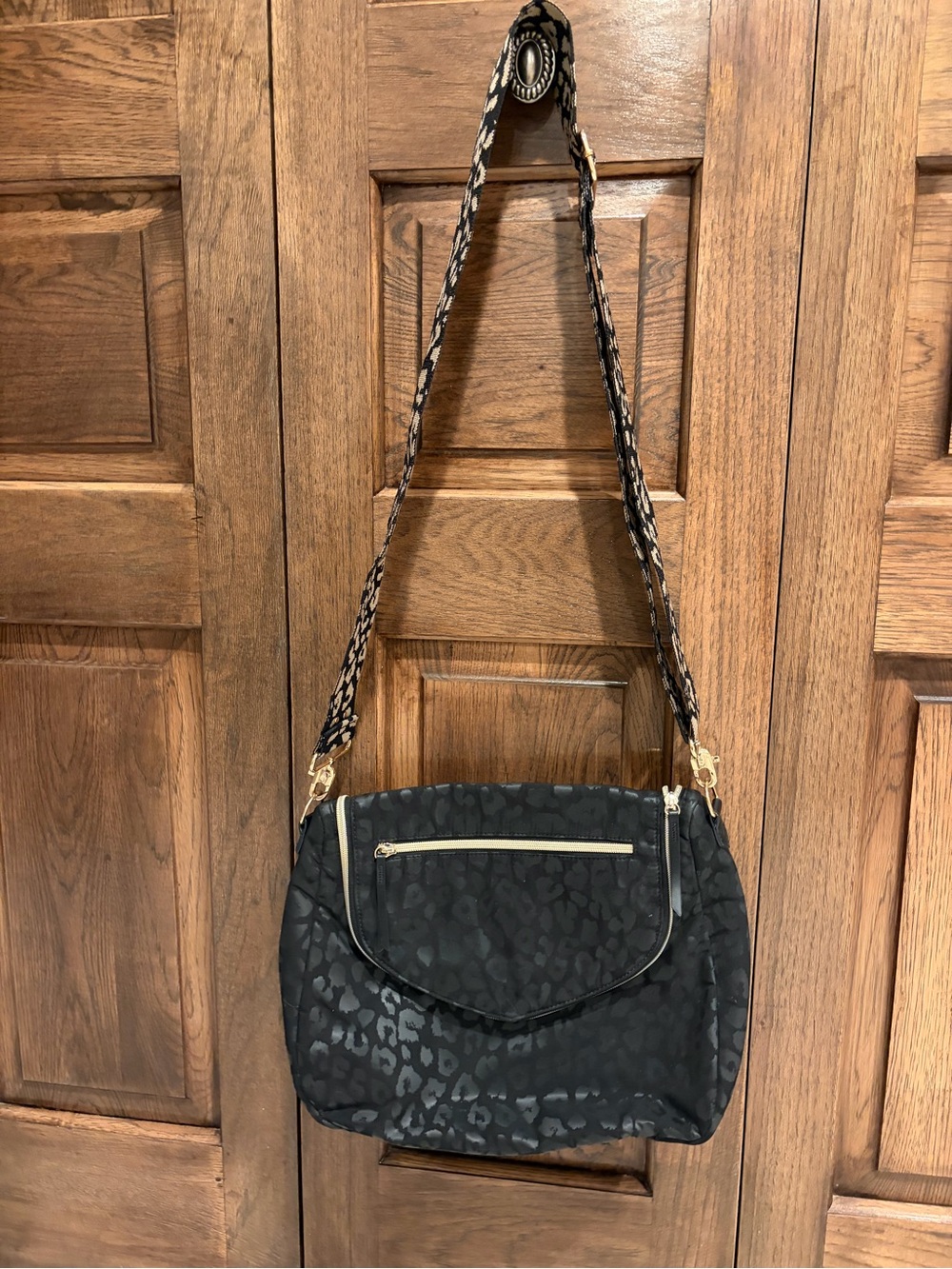 Stella & Dot Black Leopard-Print Shoulder Bag with Gold Hardware